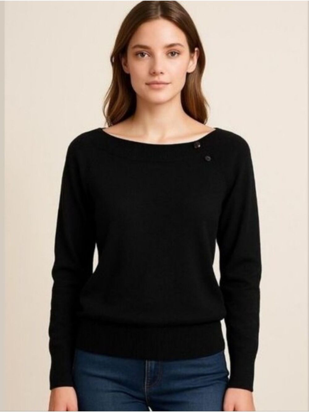 Debbie Morgan Black Crew Neck Sweater With Double Button Accent Size XL